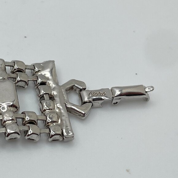 Vintage CORO RHINESTONE Bracelet Big Chunky Thick Large Emerald Cut Silver Tone - Picture 6 of 12